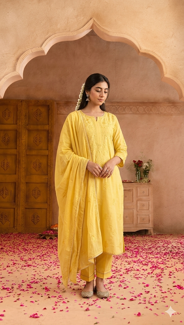 Yellow Chanderi Chikankari Set