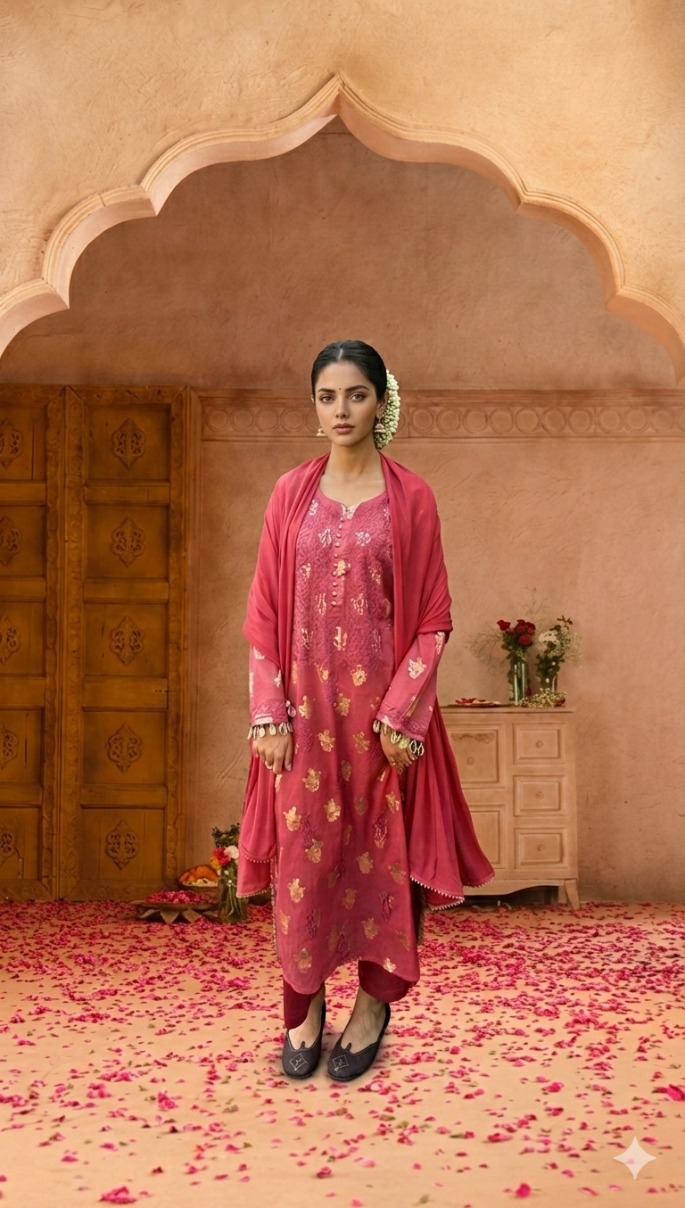 Dark Pink Banarasi Chikankari Set
