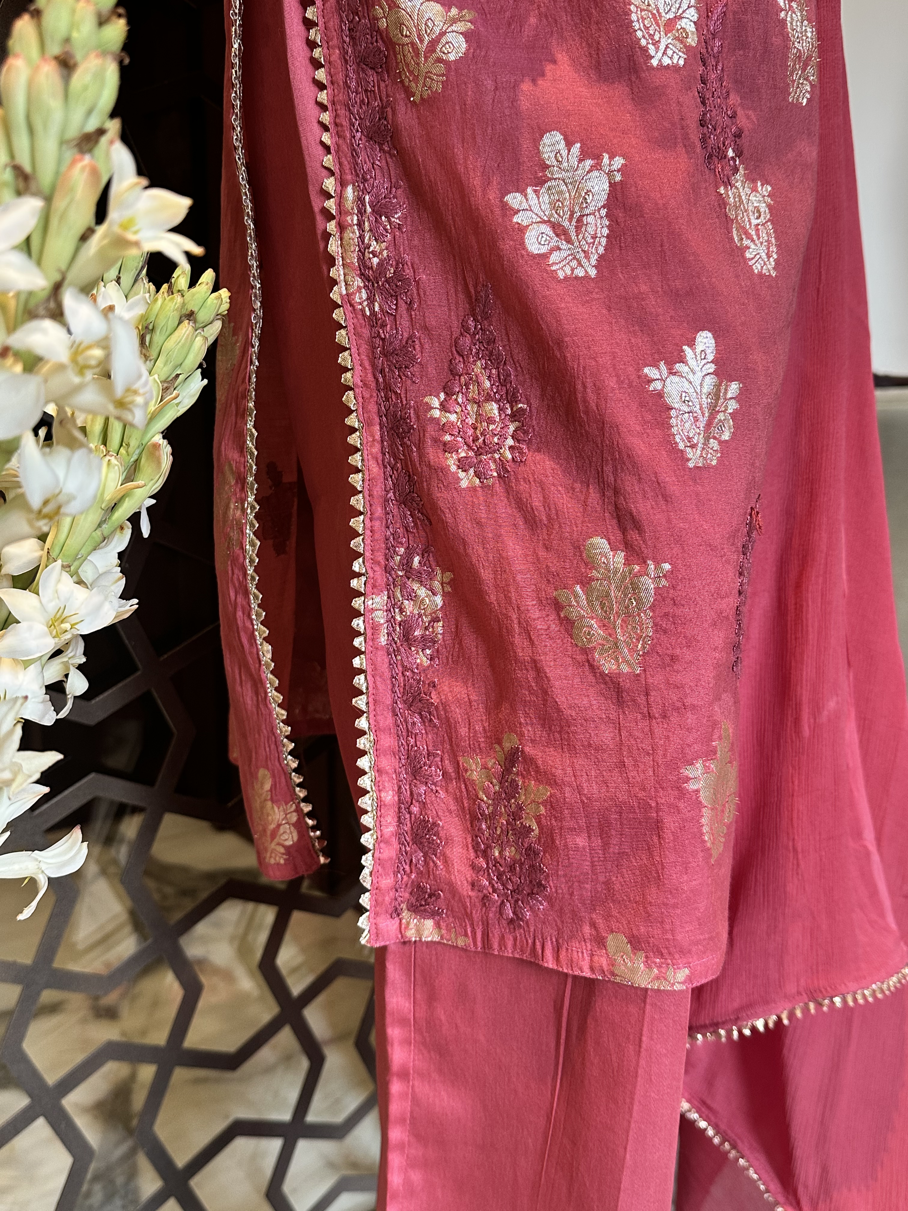 Dark Pink Banarasi Chikankari Set