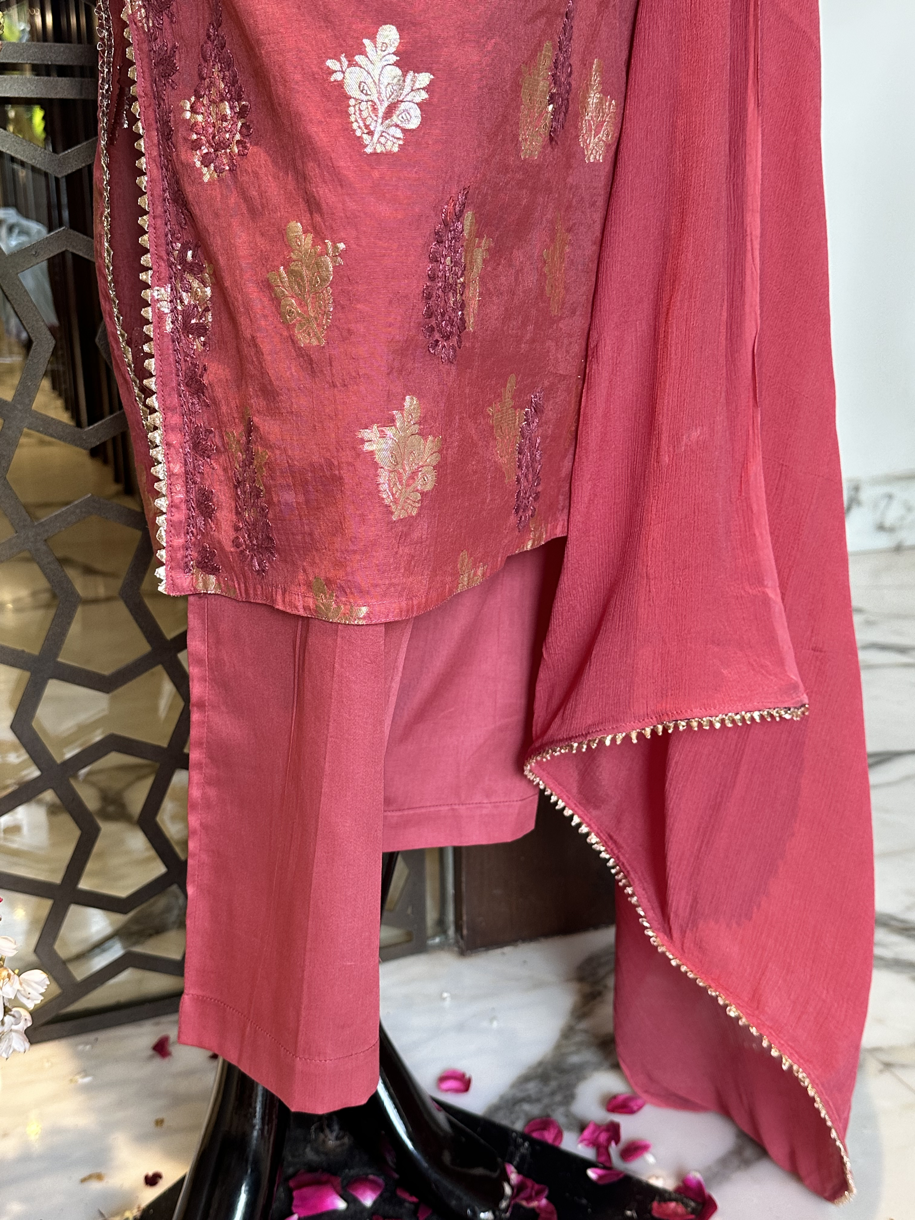 Dark Pink Banarasi Chikankari Set