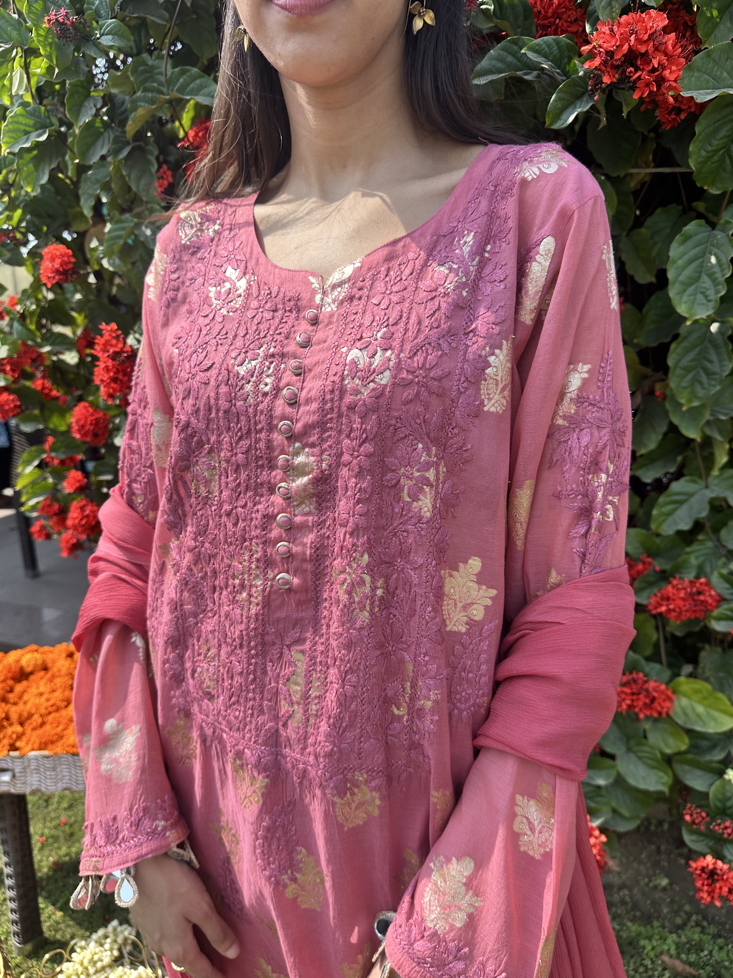 Dark Pink Banarasi Chikankari Set