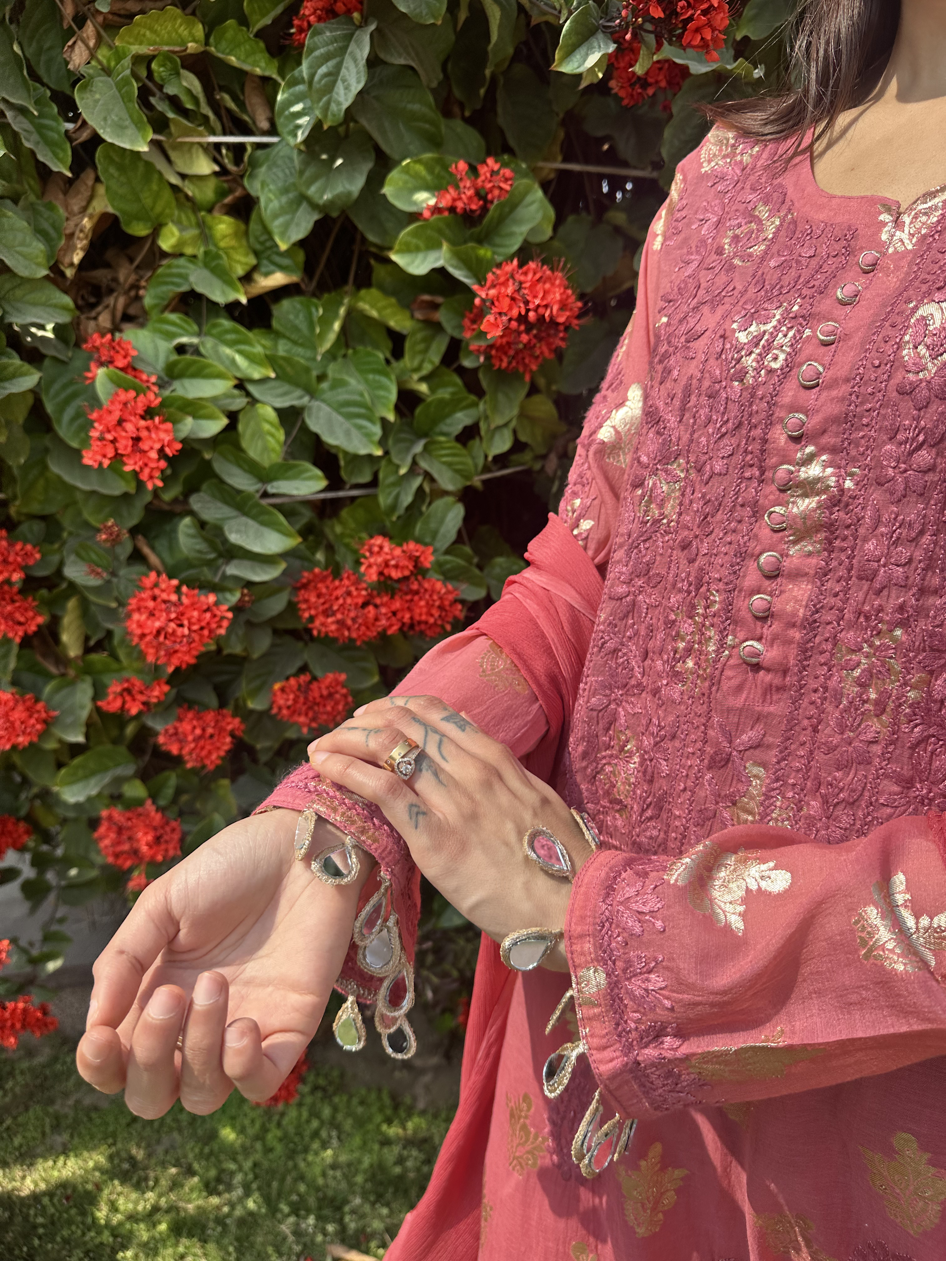 Dark Pink Banarasi Chikankari Set